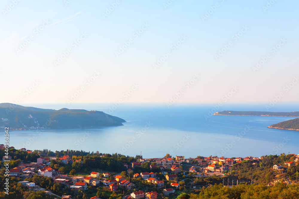 Panorama of Herceg Novi and Adriatic Sea in Montenegro . Aerial view of Kotor Bay 