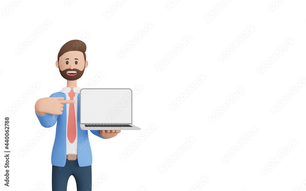 3d rendering male character pointing up laptop with copy space for your text. 3d rendering male character pointing up laptop with copy space for your text.