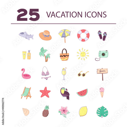 Summer holiday icons set isolated on white background. Collection of vector design elements for summer vacation in cartoon style
