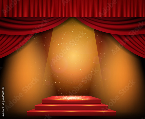 Background with red curtain and spotlights. Design for presentation, concert, show
