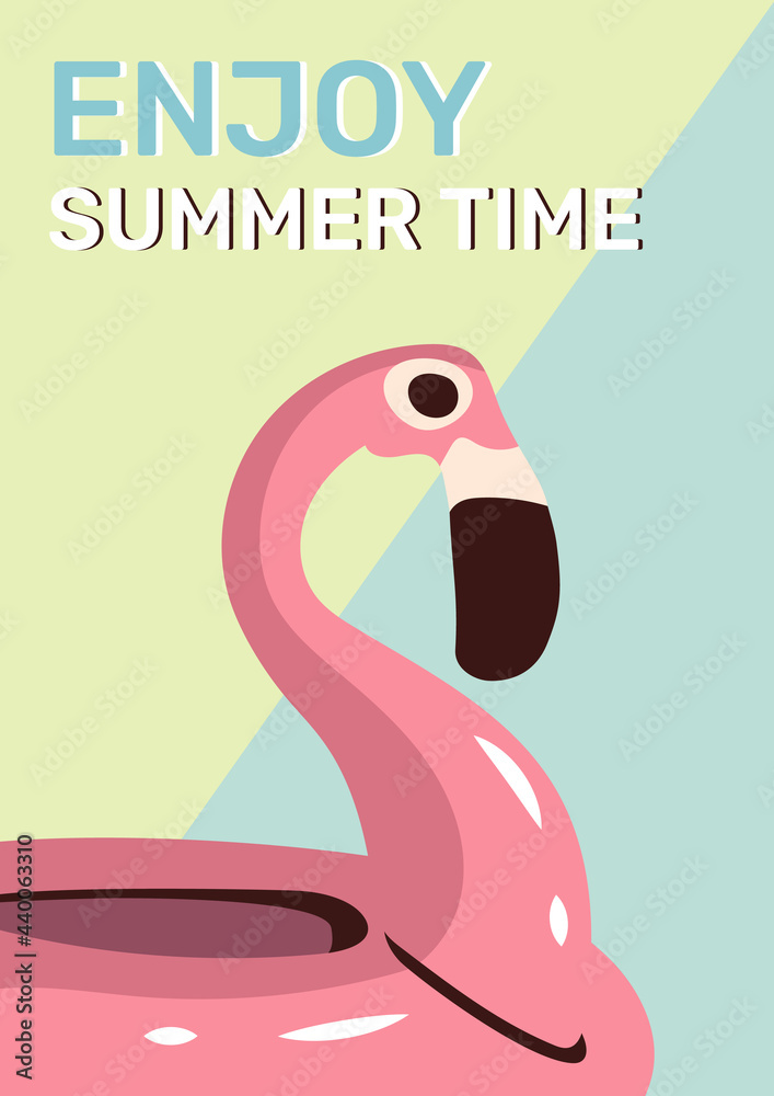 Fototapeta premium Enjoy summer time vector poster with pink inflatable flamingo