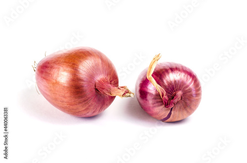 Two ripe raw unpeeled onions on a white background. Italian Onions Ramata di Milano. Root vegetables in the peel.