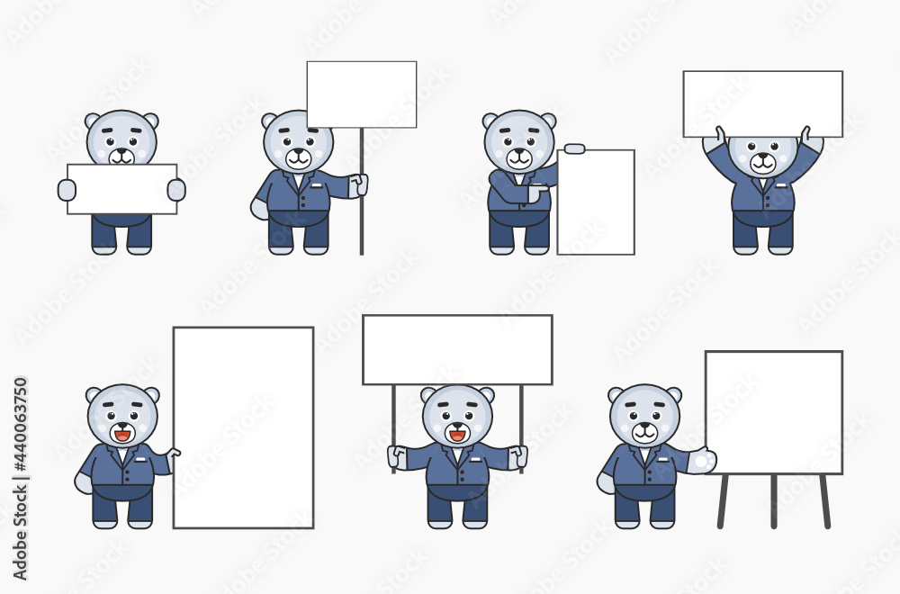 White bear mascot in business suit posing with various blank banners. Promote, advertise concept. Vector illustration bundle White bear mascot in business suit posing with various blank banners. Promote, advertise concept. Vector illustration bundle