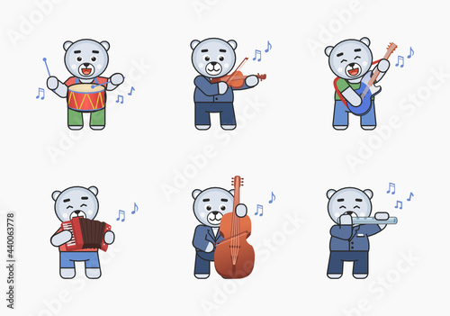 Set of polar bear mascots playing on various musical instruments. Chibi white bear playing on drum, violin, guitar, accordion, flute, double bass. Vector illustration bundle