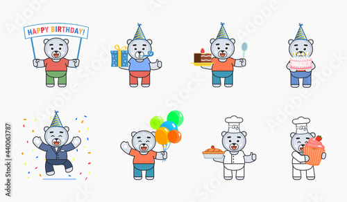 White bear mascot birthday set. Cute polar bear hold birthday banner, cake, balloons, gift box, celebrate and show other actions. Vector illustration bundle
