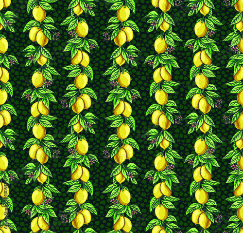 Vector seamless pattern with beautiful yellow lemons growing on branches with leaves and flowers. Natural source of vitamins and antioxidants. Fruit print for textiles and paper