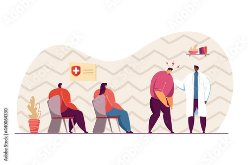 Male patient with headache going to doctor. Patients waiting for their turn to see doctor in hall flat vector illustration. Hospital, treatment concept for banner, website design or landing web page