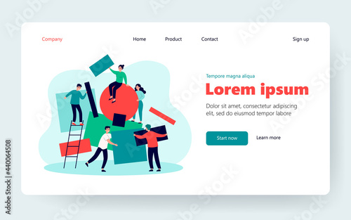 Team working together on abstract idea. People carrying subjects of different shapes and putting together geometrical puzzle. Vector illustration for chaos, teamwork, failure arranging concepts