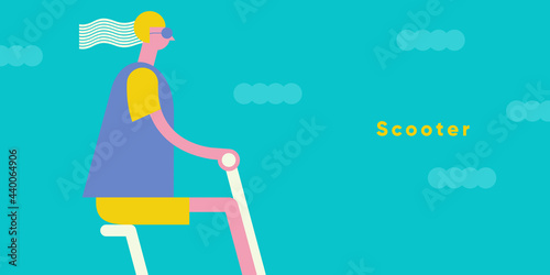 Electric scooter. Set of flat vector illustrations. City transport, simple background image. Man rides a scooter. Patterns.  Ideal for banner, poster or flyer.