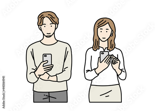 スマホを操作する若い男女のイラスト　カジュアル