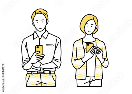 スマホを操作する若い男女のイラスト　ビジネスカジュアル