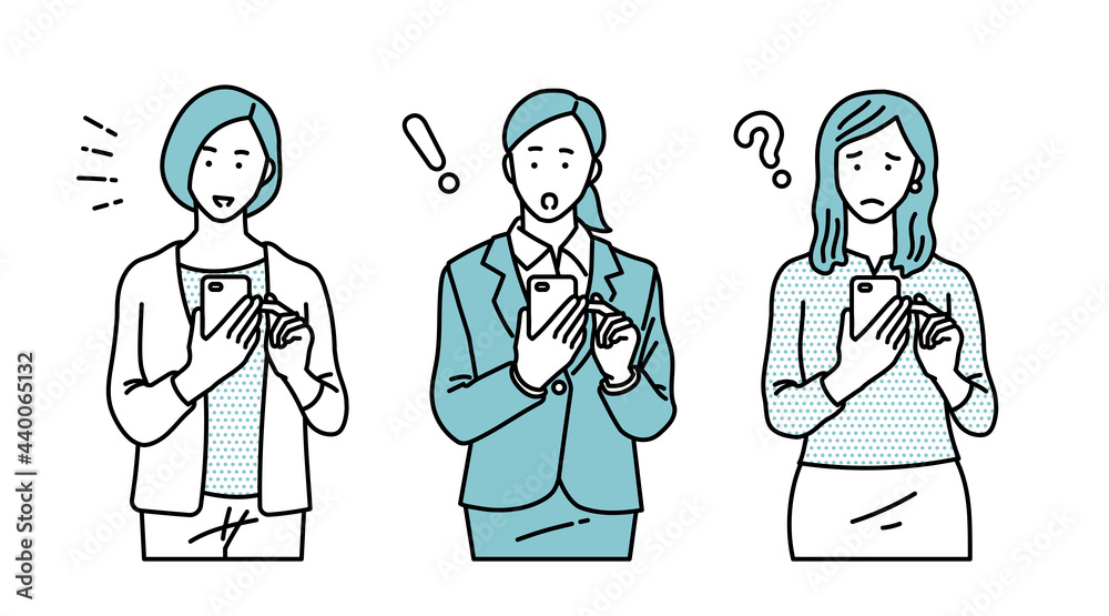 スマホを操作する若い女性ビジネスパーソンのイラスト