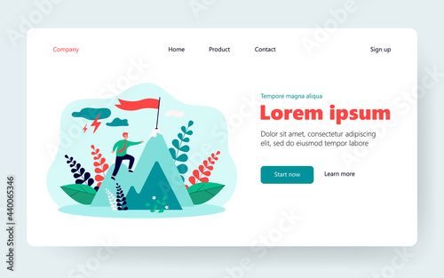 Businessman climbing on mountain through obstacles isolated flat vector illustration. Cartoon person never giving up for target, belief and growth. Perseverance, effort and ambition concept
