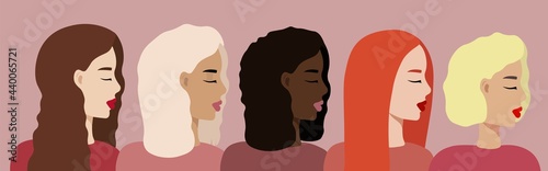 Diverse women portraits of different nationalities and cultures. Concept of feminism and women empowerment movement. International women day.