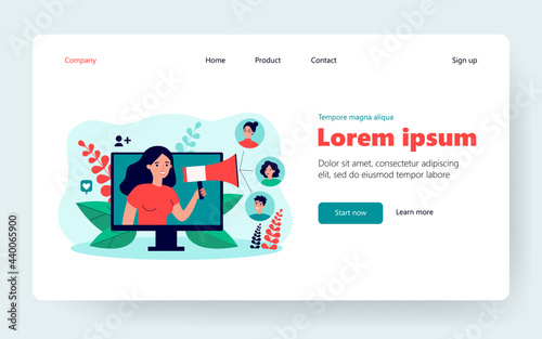 Happy customers participating in referral program in internet flat vector illustration. Cartoon new market strategy of client digital interaction. Social media, business and management concept