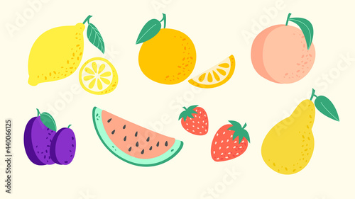 Fototapeta Naklejka Na Ścianę i Meble -  Fruit collection in flat hand drawn style, lemon, orange, peach, strawberry, watermelon, plum, pear illustrations set. Vector graphic. 