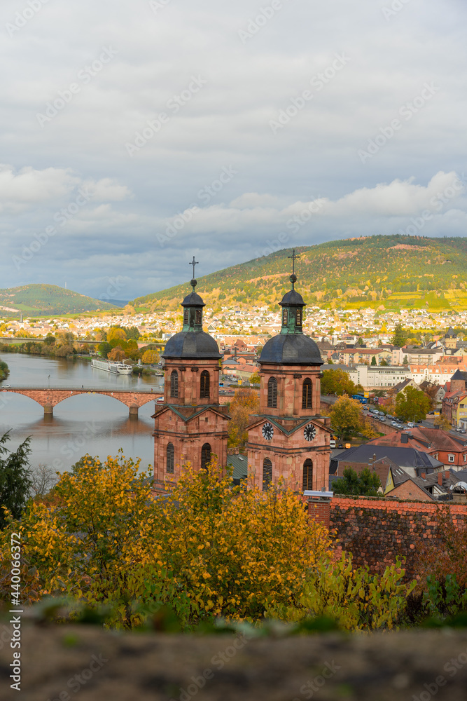 Beautiful postcard view from castle on old German Town Miltenberg am Main river in autumn