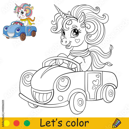 Cartoon unicorn with a scarf drive a car coloring