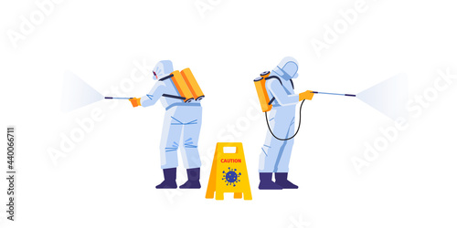 Disinfection by cleaning service. Prevention controlling epidemic of coronavirus covid-2019. Worker in chemical protection disinfects the house. Cartoon style vector illustration design