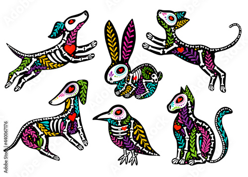 Vector colorful set of skeletons of pet animals with floral design, isolated on white background. Dia de los Muertos, Day of the dead or Halloween concept. Dogs, cats, rabbit and bird