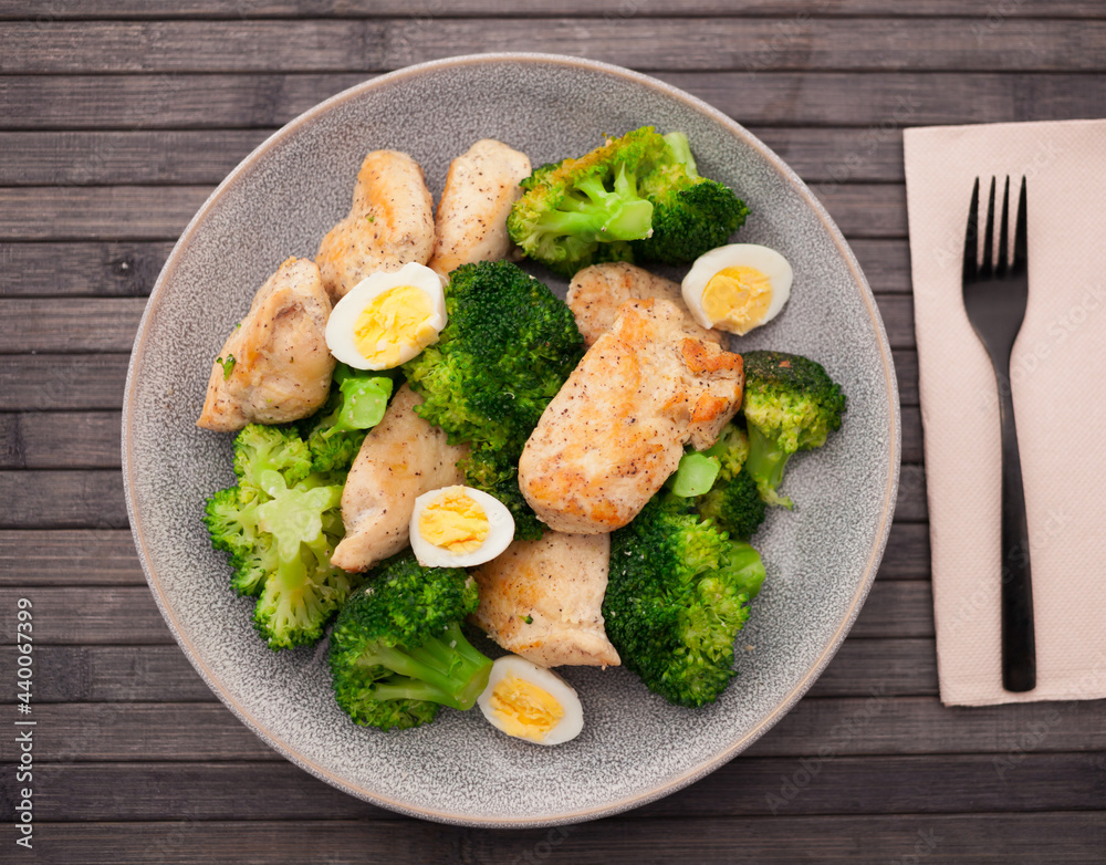 pieces of fried chicken breast with boiled broccoli and quail eggs on plate for lunch pieces of fried chicken breast with boiled broccoli and quail eggs on plate for lunch