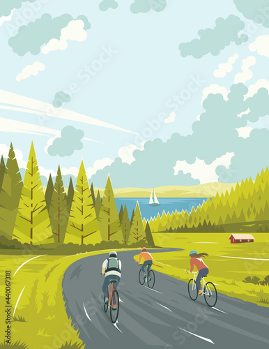 Cyclists on the road. A warm summer day. Walkers riding bicycles on the roads. People riding on the roads. Cycling through beautiful scenery. The expanse of nature. Vector illustration. EPS 10