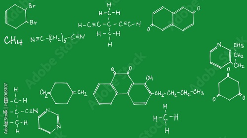 Blackboard with chalk written chemical formula and diagrams. High quality 4k video.