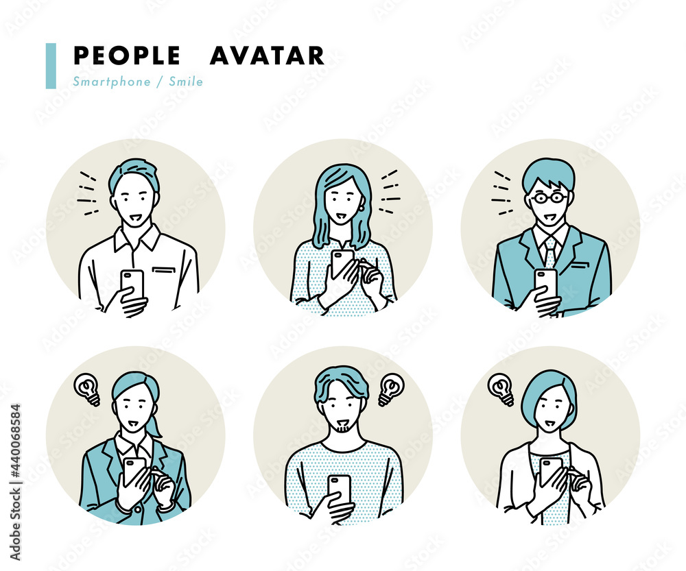 スマホを操作する若い男女のベクターイラストセット　笑顔