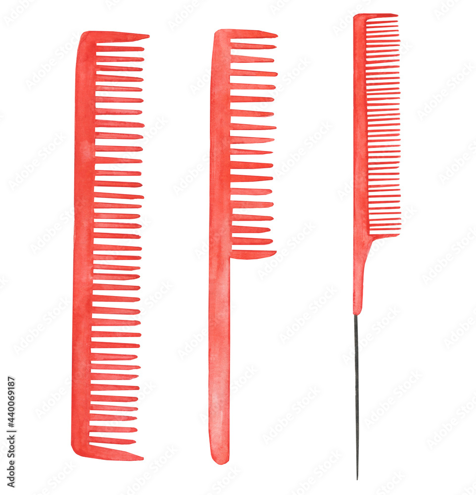 Three simple red hairbrush isolated on white background. Watercolor hand drawing illustration. Perfect for woman print, barber design. Three simple red hairbrush isolated on white background. Watercolor hand drawing illustration. Perfect for woman print, barber design.