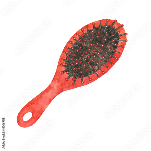 Red massage hairbrush isolated on white background. Watercolor hand drawing illustration. Comb with handle. Perfect for print, barber design, women accessory.