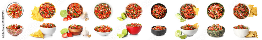 Bowl of tasty Pico de Gallo salsa on white background