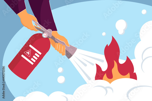 Two hands holding fire extinguisher and putting out fire. Flat vector illustration. Fireman handling flame, emergency situation. Help, safety, fire prevention concept for banner design or landing page