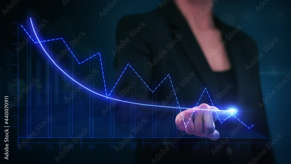 Businesswoman drawing a descending financial chart. Touchscreen. Female hand drawing a bright arrow showing decreasing earnings. Economic collapse, downward trend, business crash.