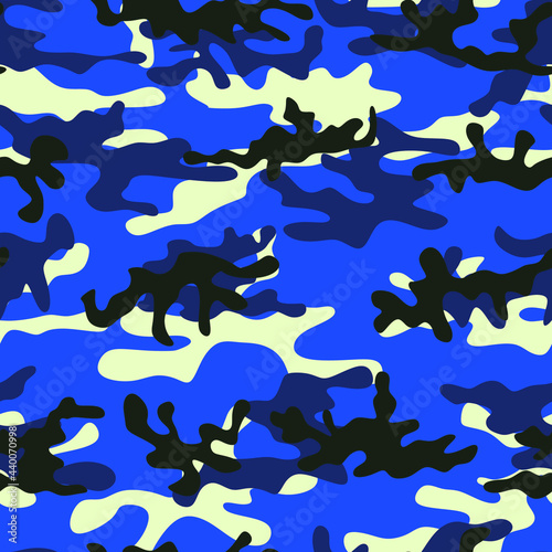 Abstract blue seamless camouflage, military. Vector graphics, army print for clothing.