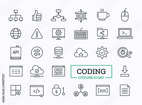 Fototapeta Naklejka Na Ścianę i Meble -  Vector Programming Outline Icons Set. Thin Line Coding Symbols for Website