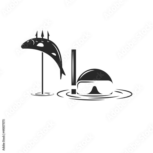 Underwater hunter in a mask and snorkel for diving in the water with a trophy in the form of a fish on a harpoon, human head above water black and white vector spearfishing illustration.