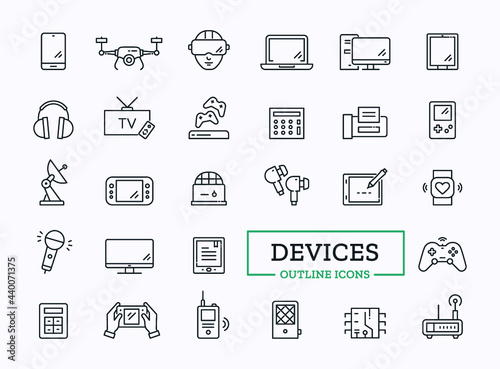 Vector device icon set. Simple signs of laptop, mobile, headphones, tablet, computer, fax, drone