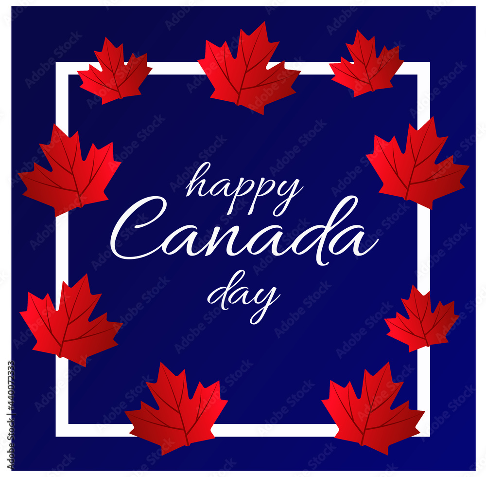 Happy Canada Day. July 1. Abstract Blue Background with Maple Leaves and modern typography. Canadian flag greeting card. Festive poster or banner with hand lettering. Flat design. Vector illustration
