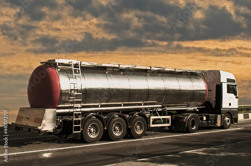 Gasoline tanker, Oil trailer, truck on highway.