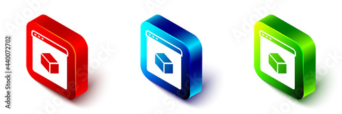 Isometric 3D printer icon isolated on white background. 3d printing. Red, blue and green square button. Vector