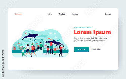 Happy kids walking in oceanarium flat vector illustration. Cartoon parents and children looking at underwater or ocean fishes. Aquarium, zoo, marine flora and sea animals concept