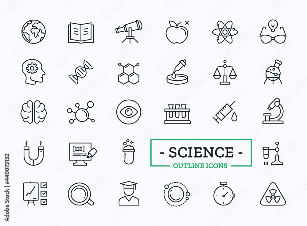 Science and microbiology linear icons with silhouette signs of flask, microscope, dna. Vector lab equipment