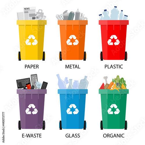 Colored waste bins with trash. Bin type isolated on white background.  paper, organic, metal,plastic,e-waste and glass for recycling. Waste management concept. vector illustration in flat style modern