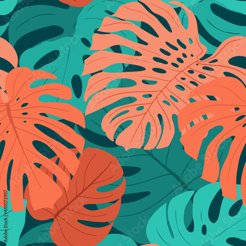 Seamless pattern with Monstera palm leaves in teal  scarlet and pink 