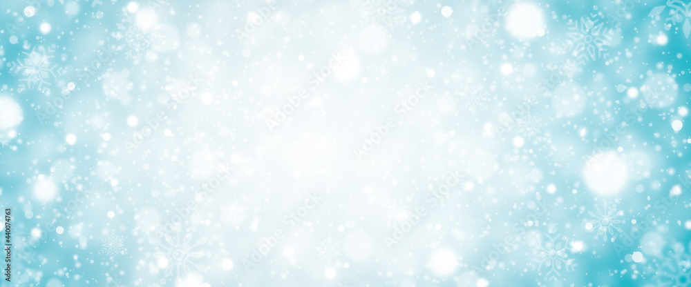 abstract light blue background with bokeh, Christmas background with snow