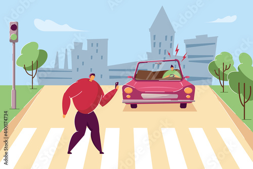 Dangerous situation at pedestrian crossing. Flat vector illustration. Careless man walking on crosswalk with headphones, smartphone. Frightened driver avoiding accident. Safety, Traffic Laws, concept