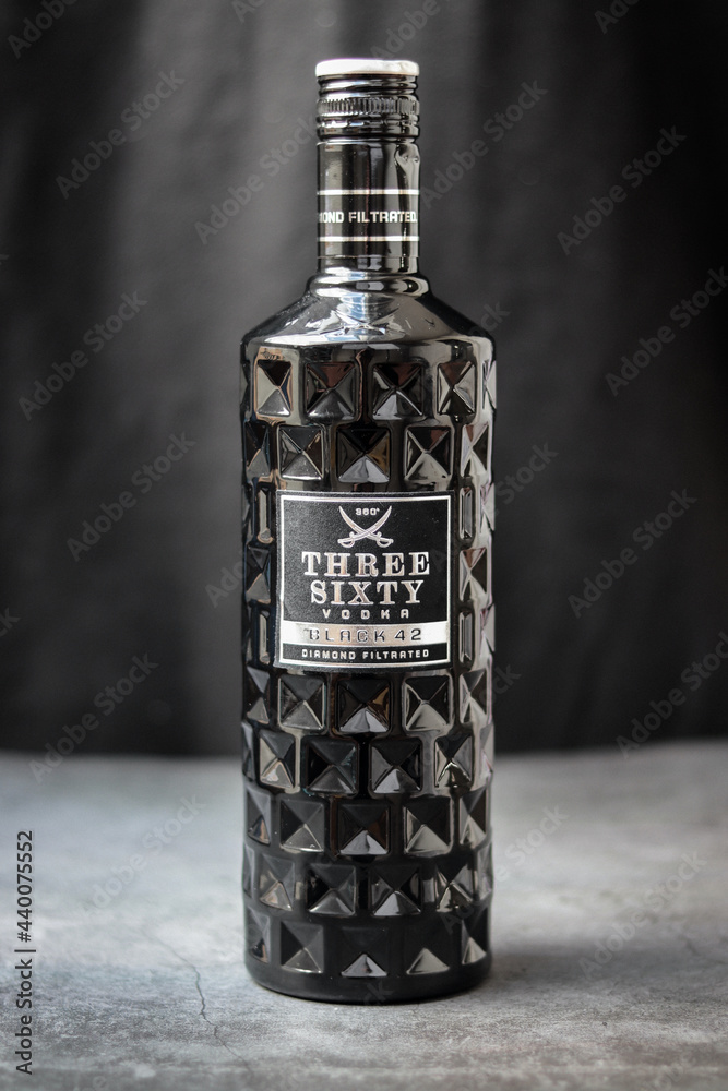 One bottle of Three Sixty Vodka Black 42. Vodka diamond filtration from  Germany on May 28. 2021 in Berlin, Germany foto de Stock | Adobe Stock