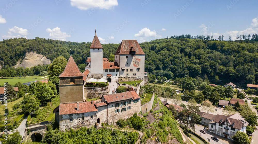 Drone image of the medieval castle of Burgdorf, which was built in 11th century. It is a Swiss heritage site of national significance.