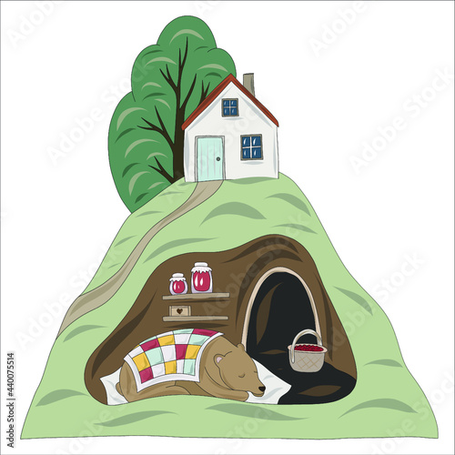 Cozy den on the ziu. Bear hibernation in a den with supplies under the tree house. Vector illustration
