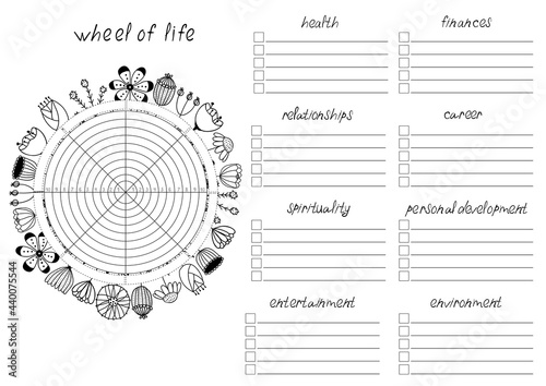 Printable A4 paper sheet with Wheel of Life - diagram with blank lines to fill and hand drawn flowers. Coaching tool for bullet journal page, daily planner template, blank for notebook. photo